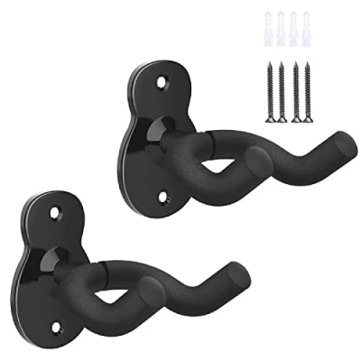 Abbildung von Gitarren Wandhalterung, 2 Stück Metall Halter Ständer Gitarrenwandhalter Haken Wand Gitarrenhalter für Die Akustikgitarre, klassische Gitarre, E Bass, Ukulele