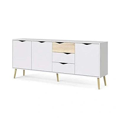Abbildung von Dmora Sideboard mit drei Türen und Schubladen, Weiß Eiche, Maße 195 x 81 39 cm