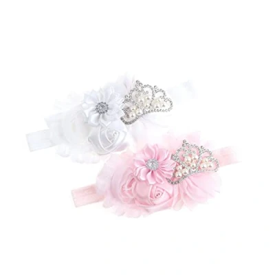 Abbildung von Nishine Baby Taufe Stirnband Kleinkind Mädchen Stoff Blume Tiara Stretch Elastic in Paaren(Kind, Weiß/Rosa)