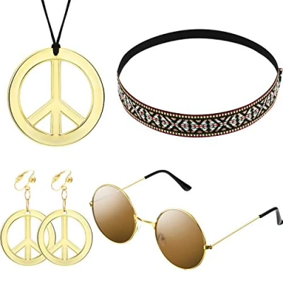 Abbildung von WILLBOND 4 Stück 70er Jahre Accessoires Damen Hippie Kostüm Set Sonnenbrille, Friedenszeichen Halskette Ohrringe, Bohemia Stirnband Outfits für Halloween 60er Partyzubehör