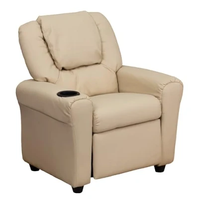 Abbildung von Flash Furniture Vana Lehnsessel für Kinder, modern, beiges Vinyl, mit Becherhalter und Kopfstütze