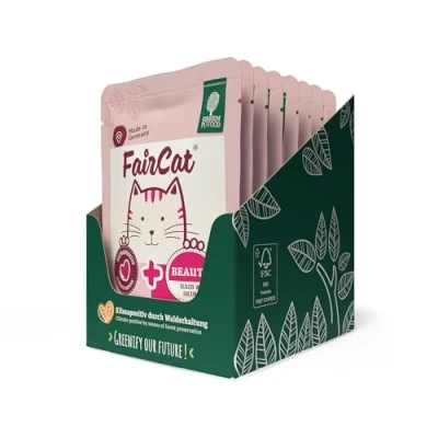 Abbildung von Green Petfood FairCat Beauty (8 x 85 g), getreidefreies Katzenfutter, Katzennassfutter mit Tierwohl Hühnchen und Lachs aus argerechter Haltung, Katzenfutter Hanföl für schönes Fell, 8er Pack