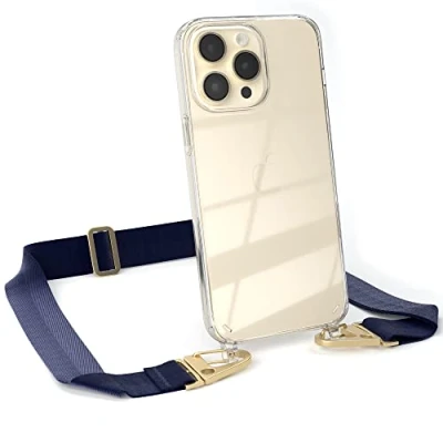 Abbildung von EAZY CASE Hülle mit Band kompatibel iPhone 14 Pro Max Handyhülle Umhängeband für Silikonhülle Transparent Schutzhülle Handykette zum Umhängen Handykordel in Blau Gold