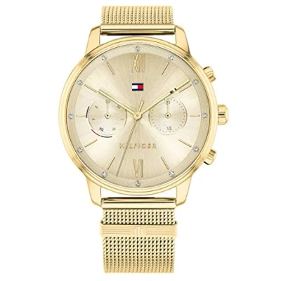 Abbildung von Tommy Hilfiger Multi Zifferblatt Quarz Uhr für Damen mit Gelbgoldfarbenes Edelstahl Mesh Gliederarmband 1782302