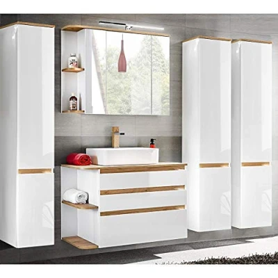 Abbildung von Lomadox Badmöbel Set, Hochglanz weiß mit Wotaneiche, Waschtisch Unterschrank Keramik Waschbecken, LED Spiegelschrank &amp; 3 Hochschränke