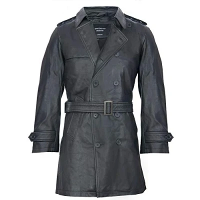 Abbildung von Infinity Leather Herren Schwarz German Military WW2 Jahrgang Lange Regenmantel Echtlederjacke 4XL