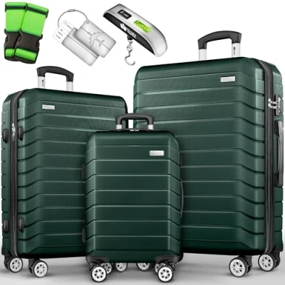 Abbildung von tillvex® Reisekoffer Set 3 TLG. + Gepäckwaage, 6X Koffergurte &amp; 3X Kofferanhänger Kofferset 4 Rollen Trolley Gepäck Koffer TSA Schloss Rollkoffer Hartschalenkofferset S M L XL (Armeegrün)