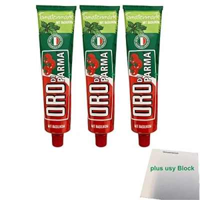 Abbildung von Oro di parma Tomatenmark mit Basilikum 3er Pack (3x 200g Tube) + usy Block