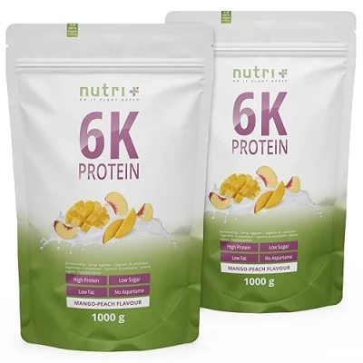 Abbildung von Nutri + Eiweiß Pulver Mango Peach 2 kg hochdosiertes Eiweißpulver Pfirsich 2000 g 6 Komponenten Protein veganes Proteinisolat Eiweißkonzentrat