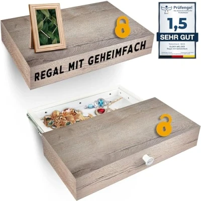 Abbildung von Elder Welder® Regal mit Geheimfach 30cm x 60cm Möbel Wandregal Halifax Eiche Geheimversteck &amp; Geldversteck für zuhause Schublade Safe Tresor als Versteck Geld
