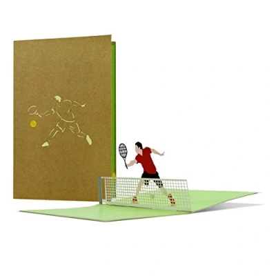 Abbildung von Geburtstagskarte Tennis mit 3D Pop up z.B. als sportlicher Geschenkgutscheinfür Tenniszubehör oder Tennisstunden, Geschenkidee lustig H22