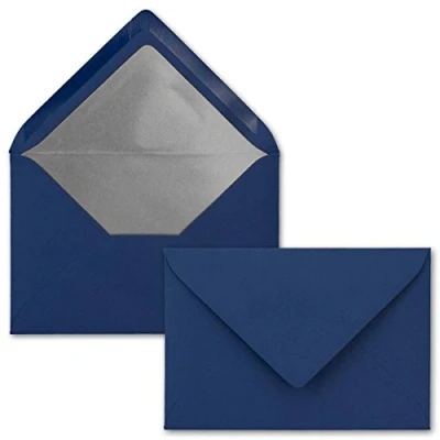 Abbildung von Kuverts Nachtblau 75 Stück Brief Umschläge DIN C6 114 x 162 mm 11,4 16,2 cm Nassklebung matte Oberfläche &amp; Silber Metallic Fütterung ohne Fenster für Einladungen