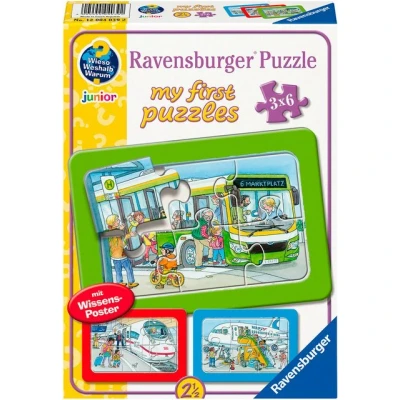 Abbildung von Ravensburger Rahmenpuzzle Wieso? Weshalb? Warum? Unterwegs mit Bus, Bahn und Flugzeug, 18 Puzzleteile, Made in Europe