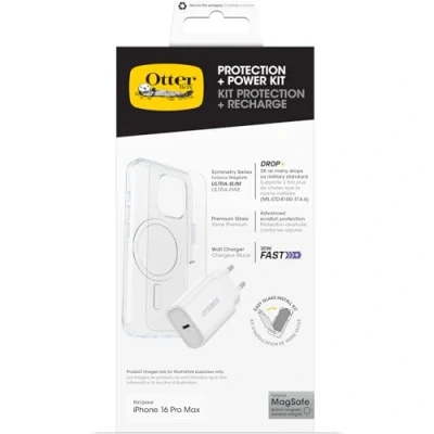 Abbildung von OtterBox Sturzschutz Bundle für iPhone 16 Pro Max; Symmetry Series Clear MagSafe Hülle, Premium Glass Displayschutz und EU 30W USB C Schnellladegerät