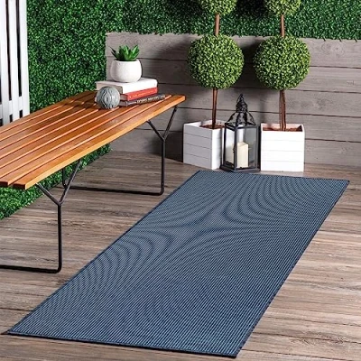 Abbildung von Jimri In &amp; Outdoor Teppich Wetterfester für Balkon, Terrasse, Garten, Wohnzimmer, Küche Strapazierfähiger Bodenteppich, Widersteht UV Strahlen Wasser Größe 80 x 250 cm, Blau