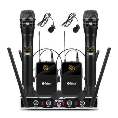 Abbildung von D Debra Wireless Microphone DU4004 UHF 4 * 16 einstellbaren Kanal mit Handmikrofon/Bodypack Transmitter/Headset Funkmikrofon/Lavalier Ansteckmikrofonen,für Gesang, Karaoke(2 Handheld 2 Bodypack)
