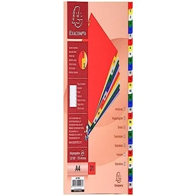 Abbildung von Exacompta 93E Kunststoff Register 1 31 für DIN A4 aus langlebigem teilig volle Höhe 21 x 29,7 cm weiß mit bedruckten, bunten Taben Universallochung Indexseite zum selbstgestalten