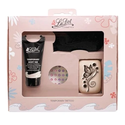 Abbildung von LaDot Tattoo Set M Schmetterling für Kinder und Erwachsene. Inhalt: Stempelkissen, Tattoofarbe schwarz, Stein Gr. Schmetterling, selbstklebende Strasssteine