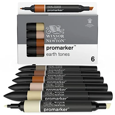 Abbildung von Winsor &amp; Newton 0290160​ ProMarker, Professioneller Layoutmarker 2 Spitzen, fein und breit für Zeichnungen, Design Layouts Erdtöne 6 Stifte