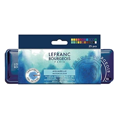 Abbildung von Lefranc &amp; Bourgeois 301446 Fine Aquarellfarbe im Metallkasten 24 lebendige Farben in 1/2 Näpfe, 1 Eichhörnchenhaarpinsel Nr. 8