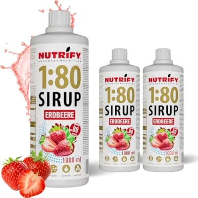 Abbildung von NUTRIFY Vital Fitness Drink 1:80 Sirup 3x 1 L Vorteilsset Erdbeere, Getränkekonzentrat mit Vitaminen und Carnitin zuckerfrei ergibt 240 Liter Sportgetränk kalorienarm 3er Pack, 1000 ml