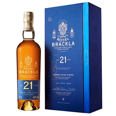 Abbildung von Royal Brackla 21 Jahre alter Highland Scotch Single Malt Whisky in edler Geschenkbox, Pedro Ximénez , Oloroso und Palo Cortado Sherryfässern veredelt, Geschenkset, 46 Vol %, 70 cl/700 ml