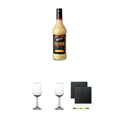 Abbildung von Bols Advokaat Eierlikör Holland 0,7 Liter + 2 Bugatti Nosing Gläser mit Eichstrich 2cl und 4 cl Schiefer Glasuntersetzer eckig ca. 9,5 cm Ø