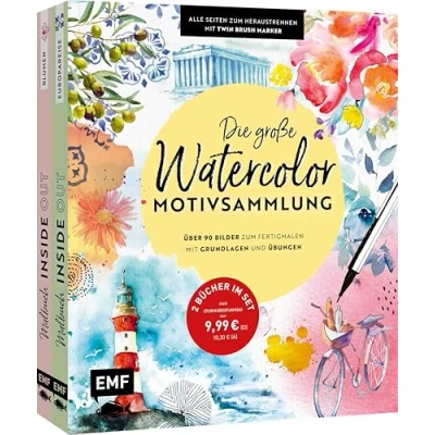 Abbildung von Die große Watercolor Motivsammlung über 90 Bilder zum Fertigmalen: Mit Grundlagen und Übungen Alle Seiten Heraustrennen Twin Brush Marker 2 Bücher im Set