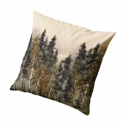 Abbildung von Loberon Kissenhülle Aurignac, Verziert mit Pailletten, Handbestickte Details, Zierendes Waldmotiv, Natürliche Eleganz, Kissenbezug, Wohn Accessoire, Baumwolle, grau/Gold
