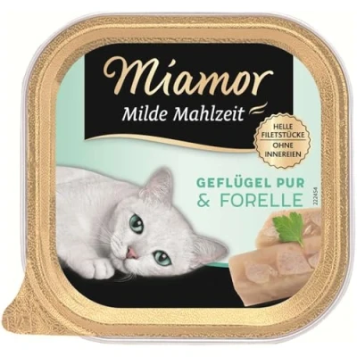 Abbildung von MIAMOR Milde Mahlzeit Nassfutter für ausgewachsene Katzen mit Filetstückchen vom Geflügel. Leicht verdauliches Ergänzungsfutter in der Dose ohne Zusatzstoffe 16x100g Geflügel Pur &amp; Forelle