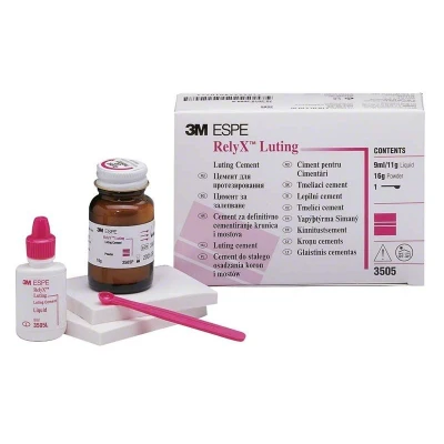 Abbildung von RelyX Luting Intro Kit 16 g Pulver, 9 ml Liquid, 1 Dosierlöffel, 2 Mischblöcke, bebilderte Anwenderkarte, Gebrauchsanleitung