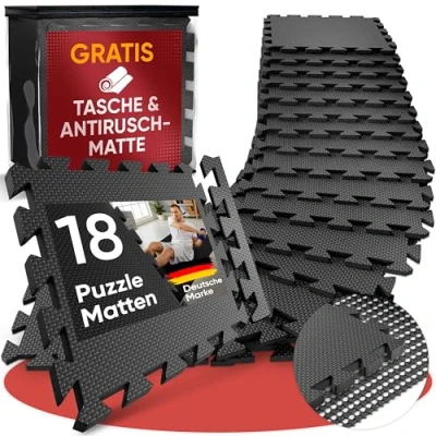 Abbildung von FITLABS® Bodenschutzmatte Fitness Rutschfeste Puzzlematte 18 Matten 30x30x1cm Trainingsmatte inkl. Antirutschmatte &amp; Zippertasche Sport Matte ideal als Gymnastikmatte Sportmatte Turnmatte Fitnessmatte