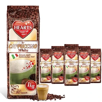 Abbildung von HEARTS Cappuccino White Line, 5 x 1kg lnstant Kaffeepulver, intensives Aroma, löslich, milchig, cremig mit Vanille Geschmack, 5er Vorratspackung, reicht für 400 Tassen
