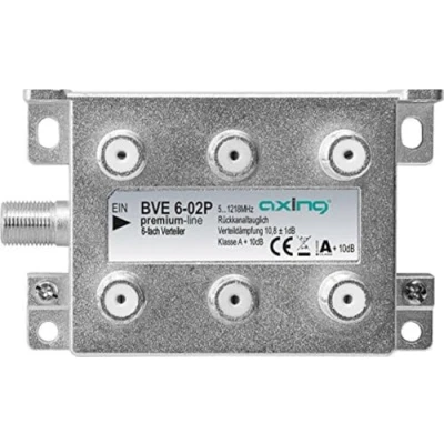 Abbildung von Axing BVE 6 02P fach BK Verteiler für Kabelfernsehen Multimedia Digital TV 5 1218 MHz F Anschluss metall