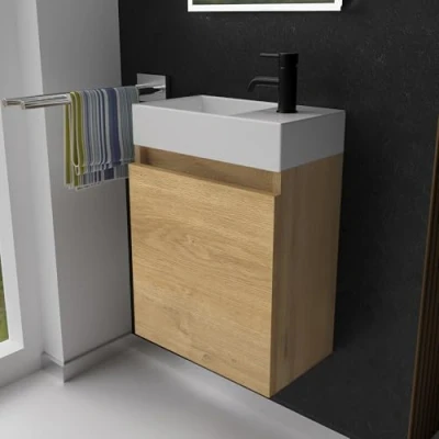 Abbildung von Alpenberger Badmöbel Set Gäste WC Waschbecken mit Unterschrank Badschrank Hängend, (2 tlg. Waschtisch Eiche Natur, Waschbeckenunterschrank Softclose), Waschplätze für Kleine Bäder Hängend und Vormontiert