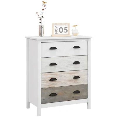 Abbildung von HOMCOM Kommode Aufbewahrungsschrank mit 5 Schubladen, Schubladenschrank Griff, Kippschutz, für Schlafzimmer, Wohnzimmer, Weiß, 70 x 38 85 cm
