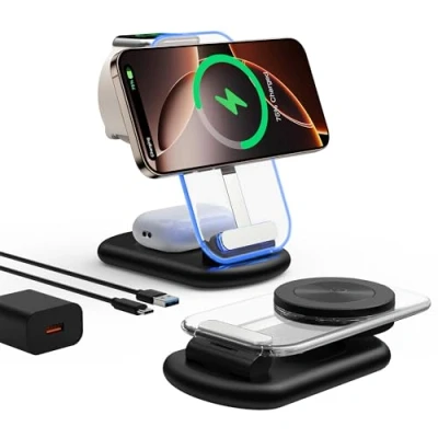 Abbildung von 3 in 1 Kabellose Mag Safe Ladestation, faltbares, verstellbares magnetisches kabelloses Ladegerät, Reise Ladeständer mit Licht für iPhone 15/14/13/12 Serie, AirPods 3/2/Pro, Apple Watch