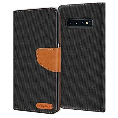 Abbildung von Verco kompatibel mit Samsung Galaxy S10 Hülle, Schutzhülle für Tasche Denim Textil Book Case Flip Klapphülle, Schwarz