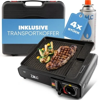 Abbildung von Z.M.C Gaskocher 1 flammig inkl. Adapter für LPG + Aufbewahrungskoffer Grillplatte 33x26x4cm 4 Gaskartuschen 227g, Campingkocher mit Piezozündung
