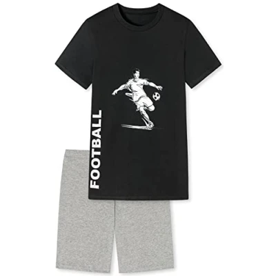 Abbildung von Jungen Schlafanzug kurz, weicher Single Jersey aus 100% Baumwolle und Hose in Bermuda Form mit Fussball Motiv, schwarz Grösse 176