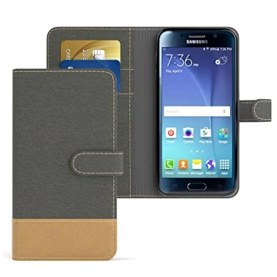 Abbildung von EAZY CASE Tasche kompatibel mit Samsung Galaxy S6 Stoff Schutzhülle Standfunktion Klapphülle Bookstyle, Handytasche Handyhülle Magnetverschluss und Kartenfach, Kunstleder, Anthrazit