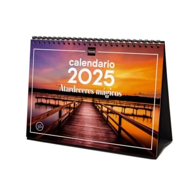 Abbildung von Finocam Tischkalender zum Schreiben 2025 Monat Ansicht Januar Dezember (12 Monate) Magische Sonnenuntergänge Spanisch