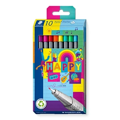 Abbildung von STAEDTLER Fineliner triplus Happy, ergonomischer Dreikantschaft, superfeine, metallgefasste 0,3 mm Spitze, lange Lebensdauer, 10 in sortierten Happy Farben im Kartonetui, 334 C10 HA