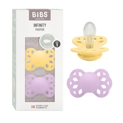 Abbildung von BIBS Infinity Symmetrical Schnuller 2er Pack, BPA frei, Symmetrischer Nippel. Silikon, Hergestellt in Dänemark, Größe 1 (0 6 Monate), Pale Butter/Violet Sky