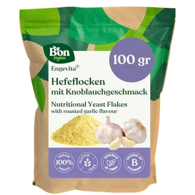 Abbildung von Engevita Hefeflocken mit Knoblauchgeschmack Nutritional Yeast Flakes Veganer Glutenfrei Käseersatz Gentechnikfrei Inaktive Nährhefe Flocken von Bon Vegan 100 gr