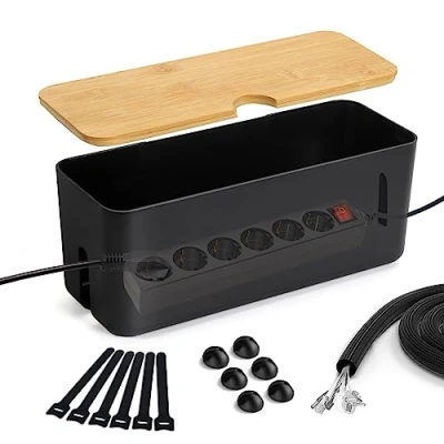 Abbildung von Lannvan Kabelbox (Schwarz/groß) aus ABS Kunststoff mit Bambusdeckel Kabel Organizer Box Inkl. Zubehör zum Verstecken Kabelmanagement können aufgehängt Werden