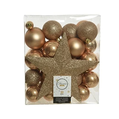 Abbildung von Kaemingk Weihnachtskugeln Kunststoff 5 8cm mit Christbaumspitze Stern 33er Set bruchsicher beige Creme Sand