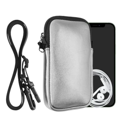 Abbildung von kwmobile Handytasche für Smartphones L 6,5&quot; Neopren Handy Hülle Metallic Grau mit Kordel Tasche Handykette 16,5 x 8,9 cm Innenmaße