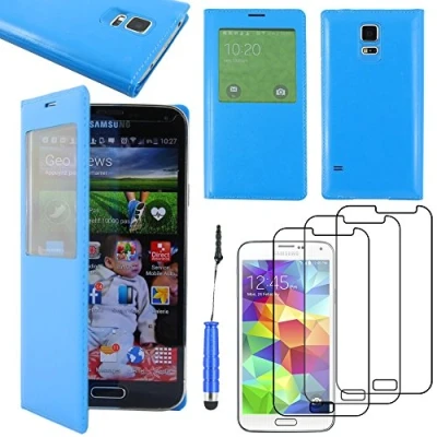 Abbildung von ebestStar kompatibel mit Samsung Galaxy S5 Mini Hülle SM G800 G800F G800H Etui Sichtfenster Handyhülle, Kunstleder Wallet Case + Stift +3 Kunststofffolies, Blau