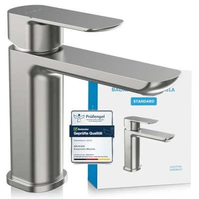 Abbildung von Bächlein Badarmatur Elegante Waschtischarmatur Mizarela (Edelstahl gebürstet) hochwertiger Wasserhahn im minimalistischen Design